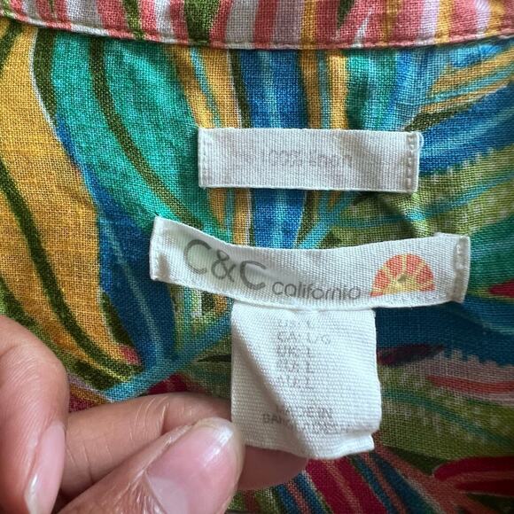 C & C California Button Up 100% Linen Shirt Bright Tropical Loose Fit Women's Lg - Picture 4 of 6